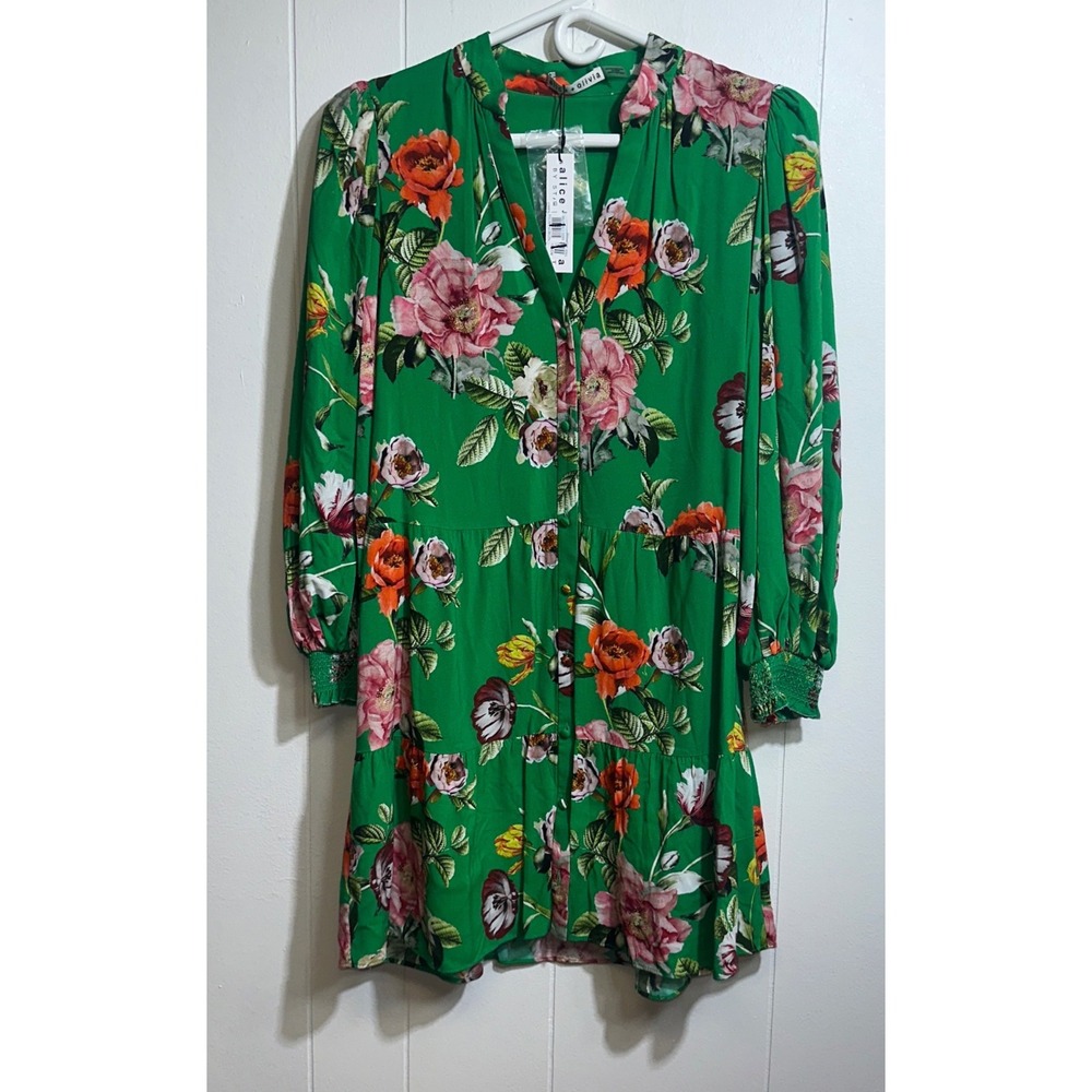 Alice + Olivia Green‎ Floral Tiered Mini Dress Smocked Puff Sleeve Size 4 NEW